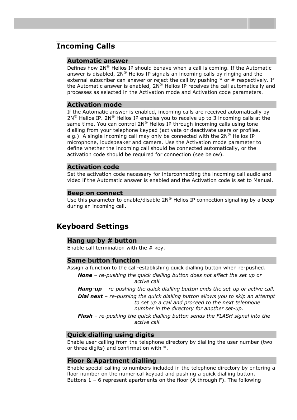 Configuration 3.3, Incoming calls, Keyboard settings | Automatic answer, Activation mode, Activation code, Beep on connect, Hang up by # button, Same button function, Quick dialling using digits | 2N Helios IP User manual, 1510 v1.11 User Manual | Page 90 / 119