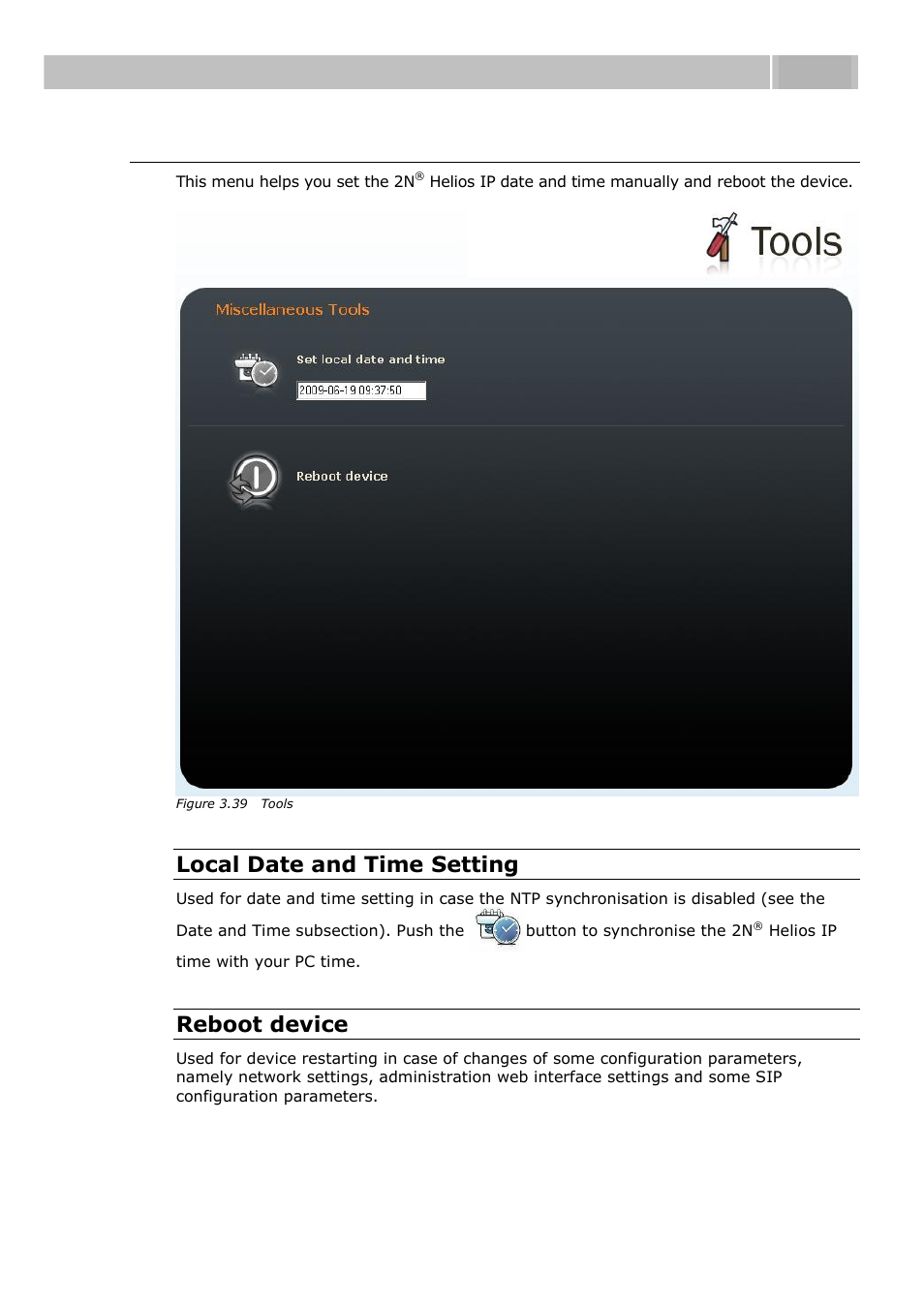 Tools, Configuration 3.3, Local date and time setting | Reboot device | 2N Helios IP User manual, 1510 v1.11 User Manual | Page 92 / 119