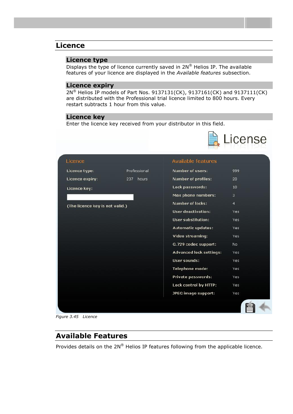 Configuration 3.3, Licence, Available features | 2N Helios IP User manual, 1510 v1.11 User Manual | Page 99 / 119
