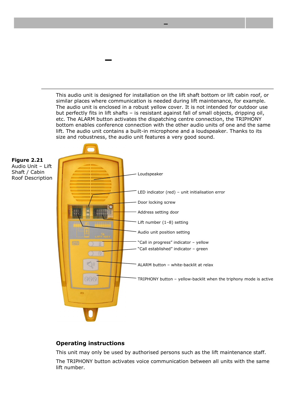 Udio, Haft, Abin | Description, 5 audio unit – lift shaft / cabin roof, Audio unit – lift shaft / cabin roof 2.5 | 2N Lift emergency phone 2N LiftNet - Manual, 1446 v1.8.3 User Manual | Page 51 / 97