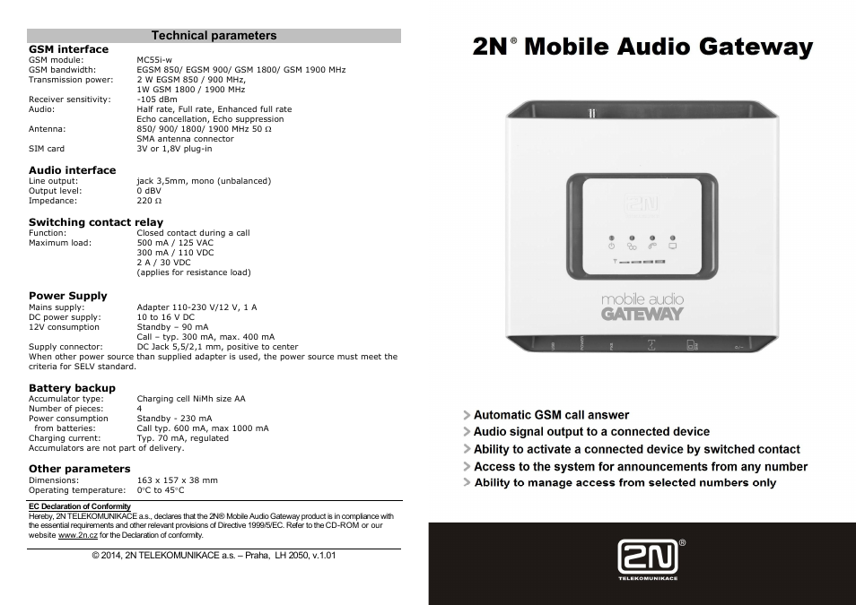 2N Mobile Audio Gateway public address system - Quick start manual User Manual | 2 pages