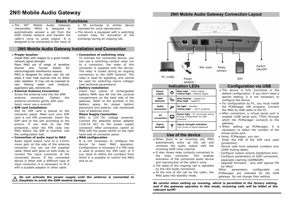 2n® mobile audio gateway, Basic functions, 2n® mobile audio gateway connection layout | Use of the device, Configuration via usb, Indication leds | 2N Mobile Audio Gateway public address system - Quick start manual User Manual | Page 2 / 2