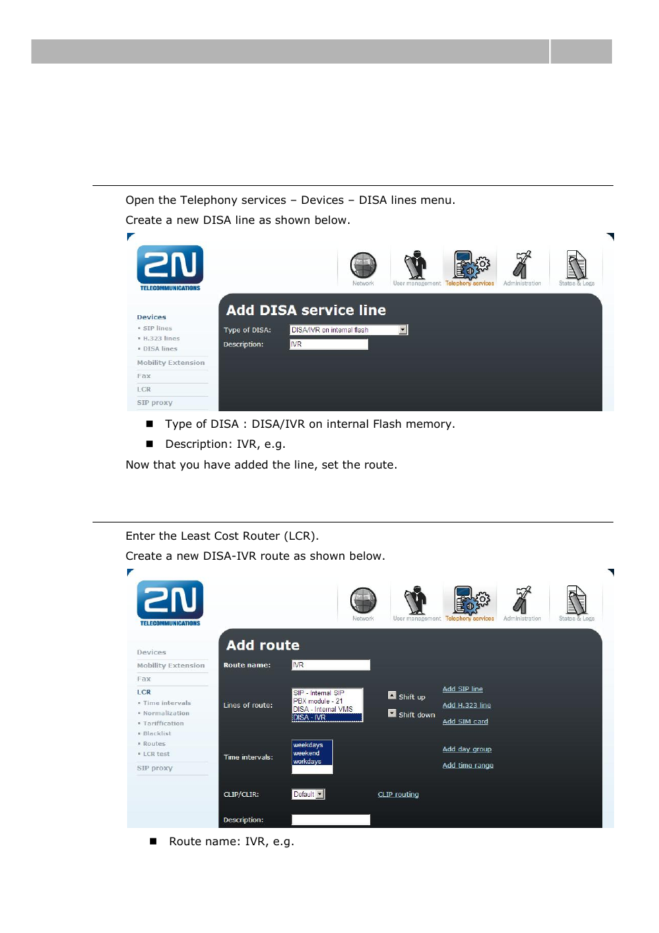Ethernet module/ofr configuration, Add disa line, Add route | 2 ethernet module/ofr configuration | 2N IVR Editor manual v1.0.2 User Manual | Page 33 / 43
