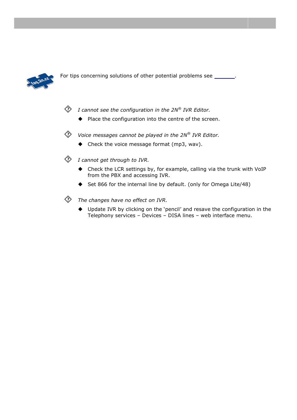 Troubleshooting, 1 troubleshooting, Troubleshooting 6.1 | 2N IVR Editor manual v1.0.2 User Manual | Page 40 / 43