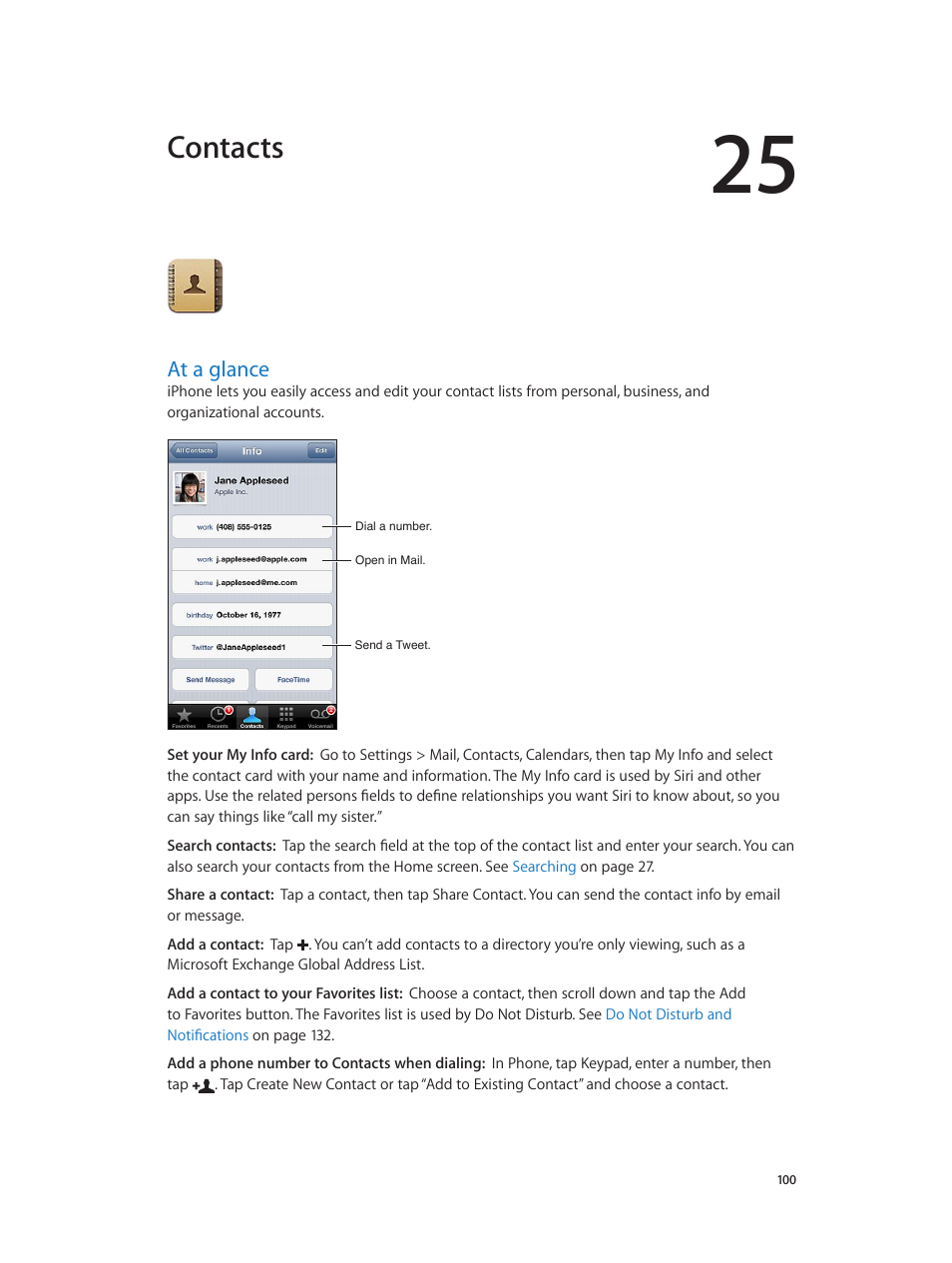 Chapter 25: contacts, At a glance, 100 at a glance | Contacts | Apple iPhone (For iOS 6.1) User Manual | Page 100 / 156