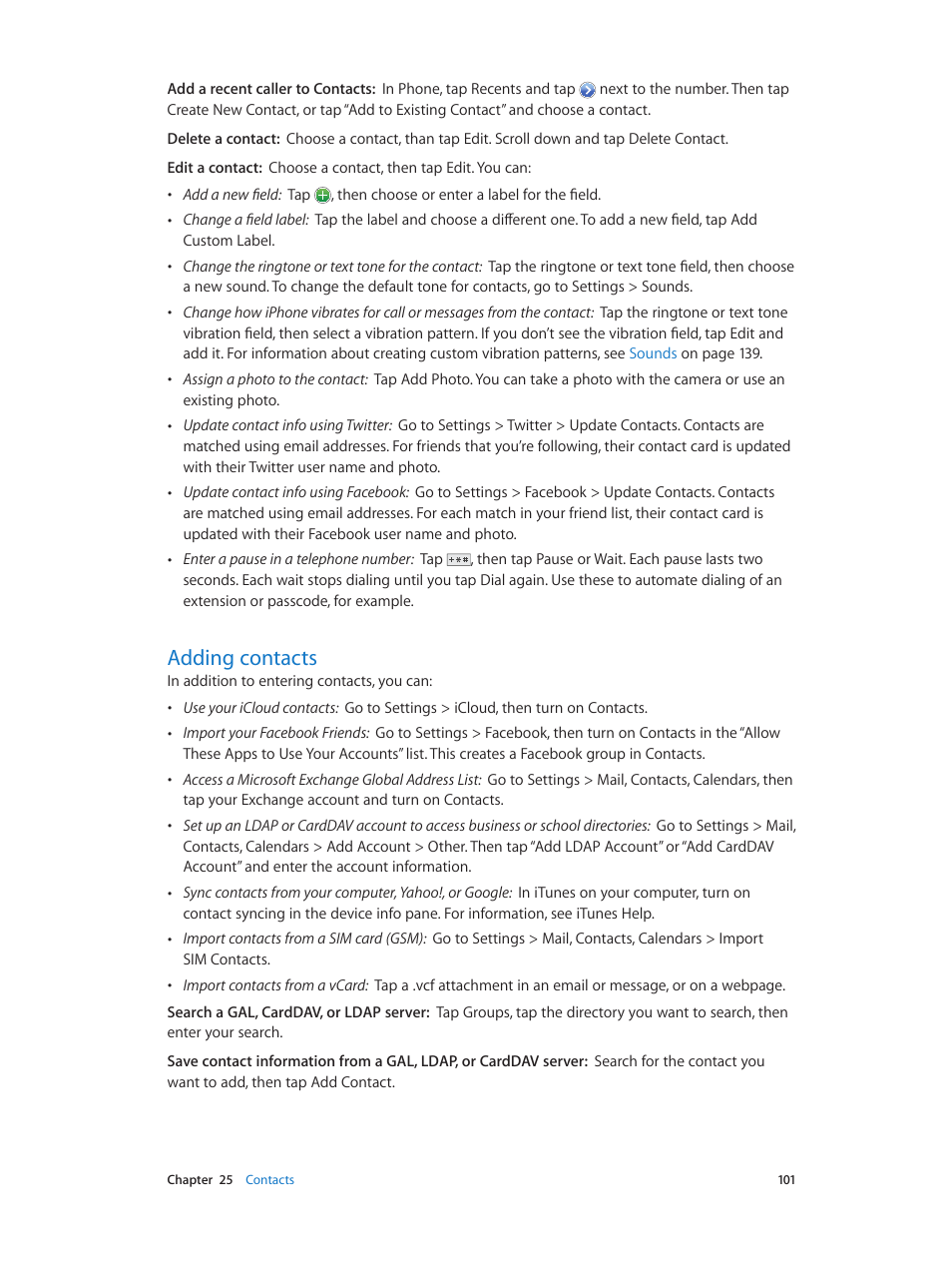 Adding contacts, 101 adding contacts | Apple iPhone (For iOS 6.1) User Manual | Page 101 / 156