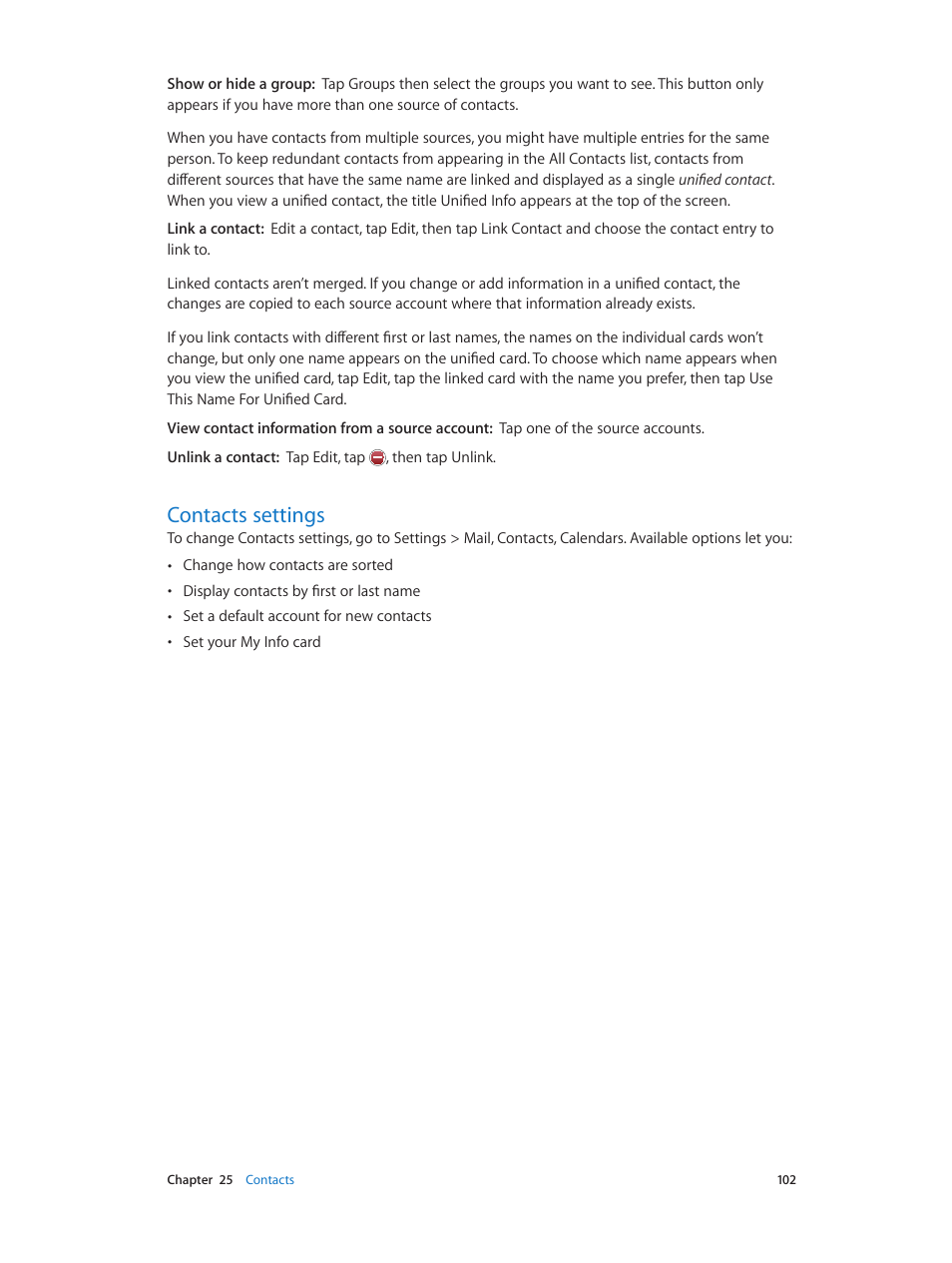 Contacts settings, 102 contacts settings | Apple iPhone (For iOS 6.1) User Manual | Page 102 / 156