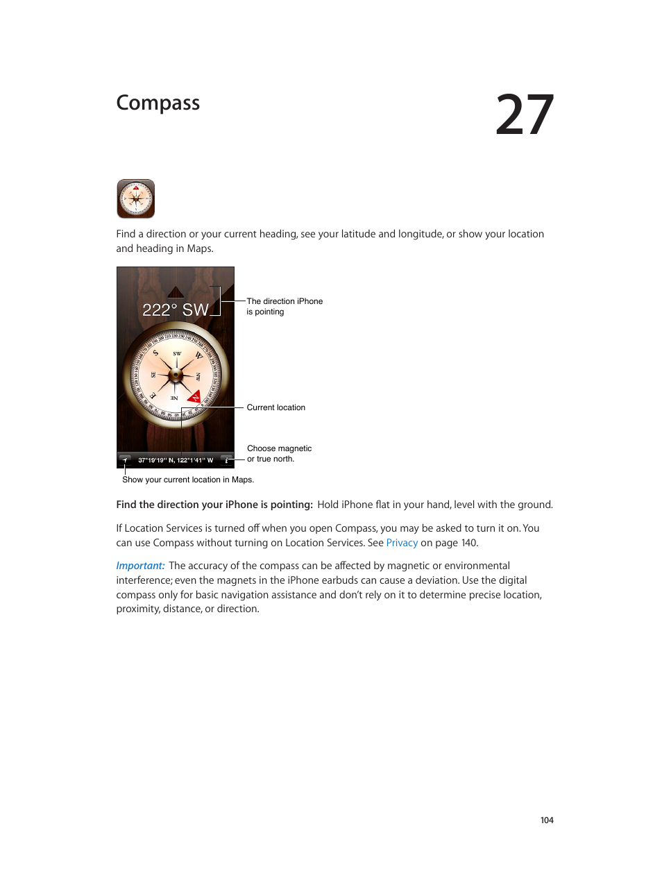 Chapter 27: compass, Compass | Apple iPhone (For iOS 6.1) User Manual | Page 104 / 156