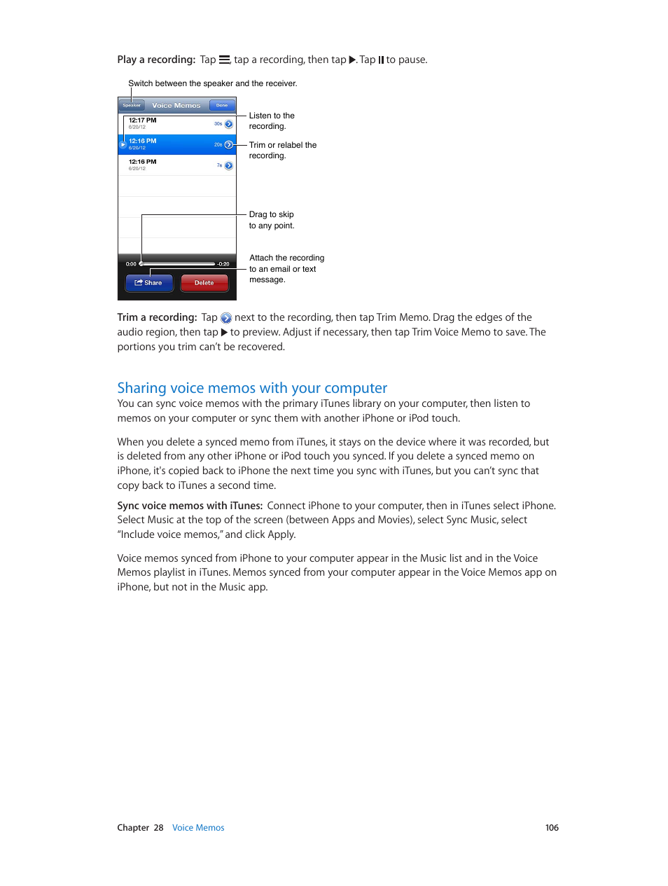 Sharing voice memos with your computer, 106 sharing voice memos with your computer | Apple iPhone (For iOS 6.1) User Manual | Page 106 / 156