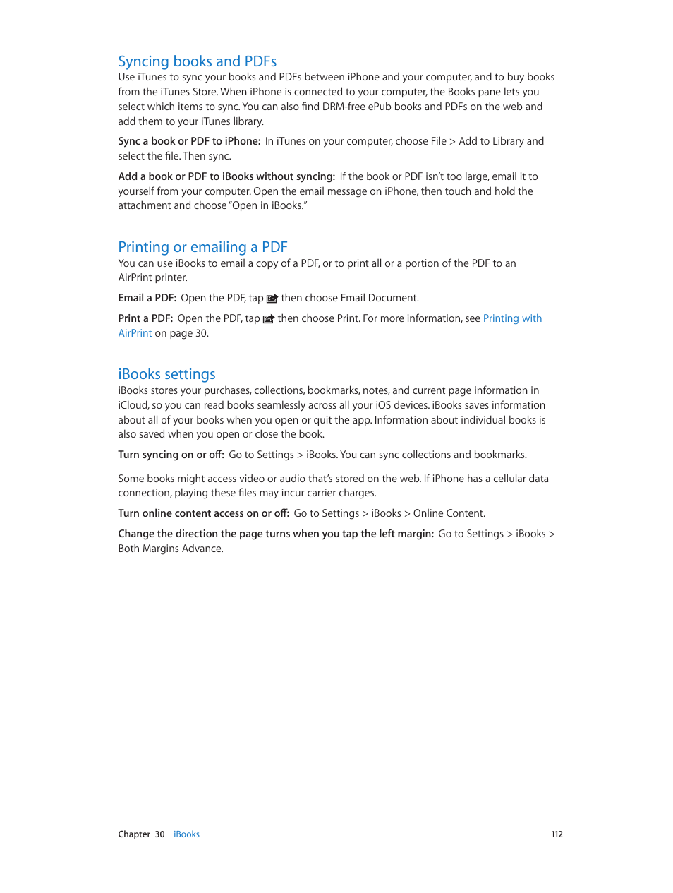 Syncing books and pdfs, Printing or emailing a pdf, Ibooks settings | Apple iPhone (For iOS 6.1) User Manual | Page 112 / 156