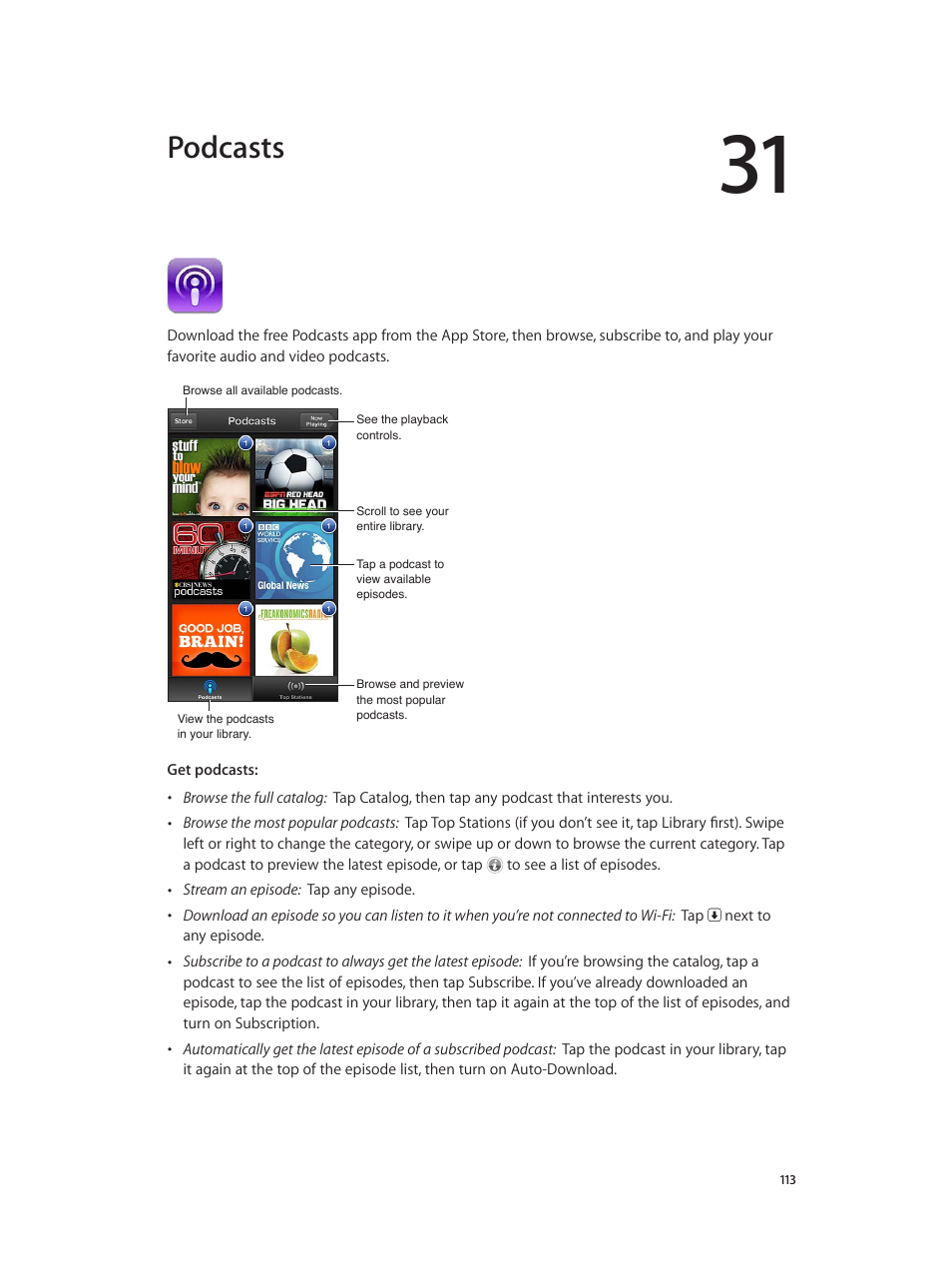 Chapter 31: podcasts, Podcasts | Apple iPhone (For iOS 6.1) User Manual | Page 113 / 156