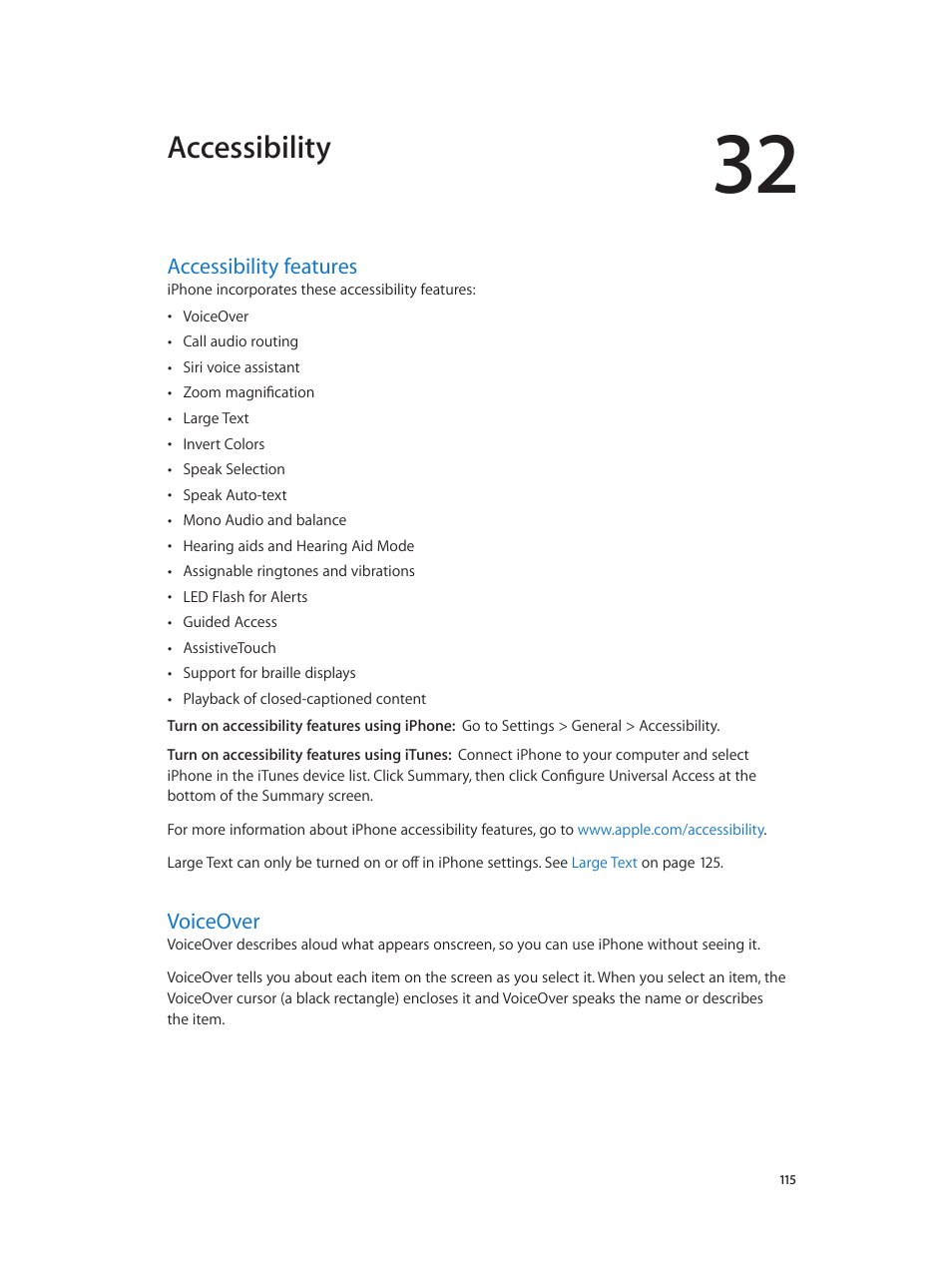 Chapter 32: accessibility, Accessibility features, Voiceover | 115 accessibility features 115 voiceover, Accessibility | Apple iPhone (For iOS 6.1) User Manual | Page 115 / 156