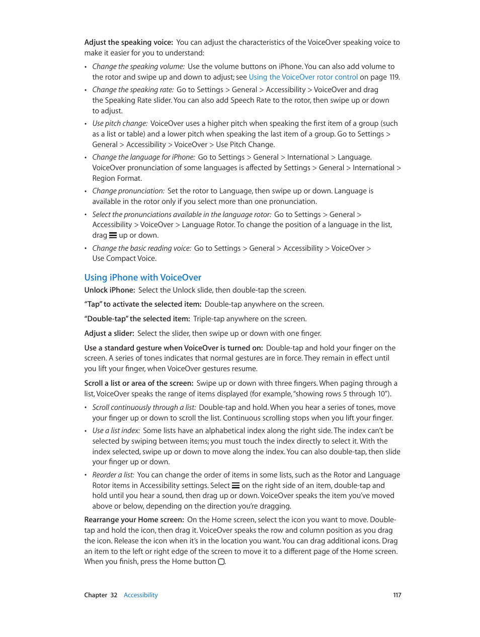 Using iphone with voiceover | Apple iPhone (For iOS 6.1) User Manual | Page 117 / 156