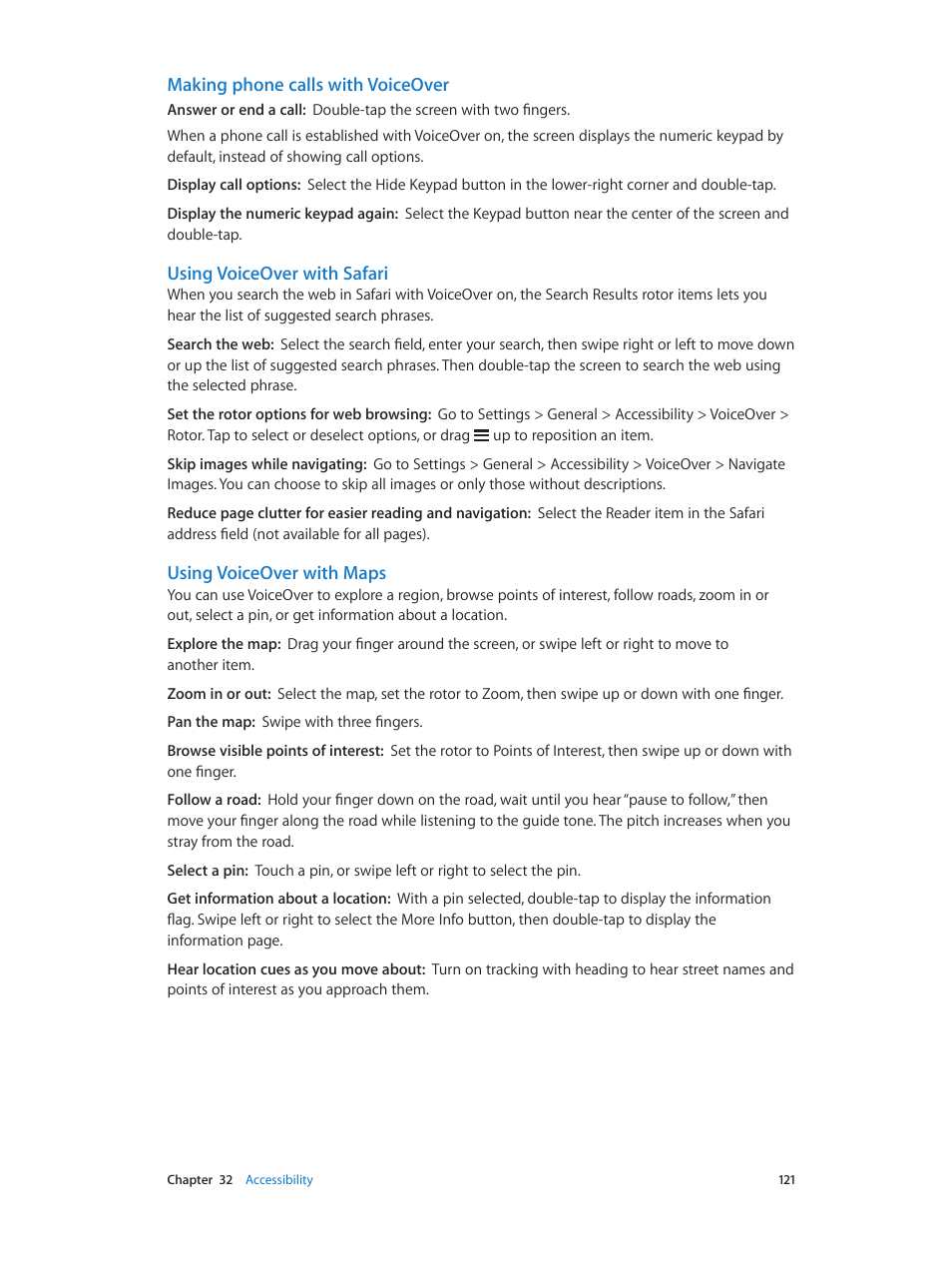 Making phone calls with voiceover, Using voiceover with safari, Using voiceover with maps | Apple iPhone (For iOS 6.1) User Manual | Page 121 / 156