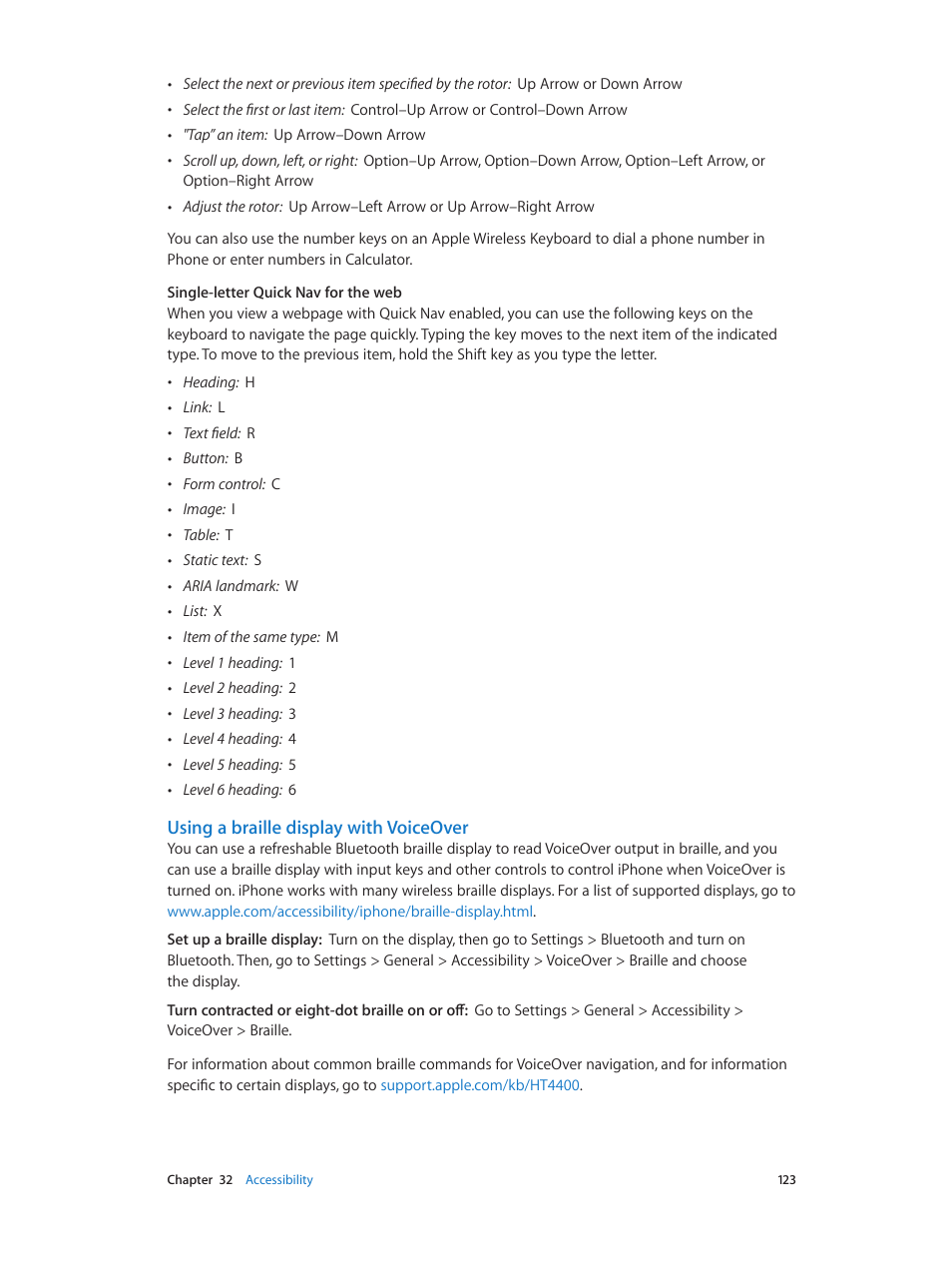 Using a braille display with voiceover | Apple iPhone (For iOS 6.1) User Manual | Page 123 / 156