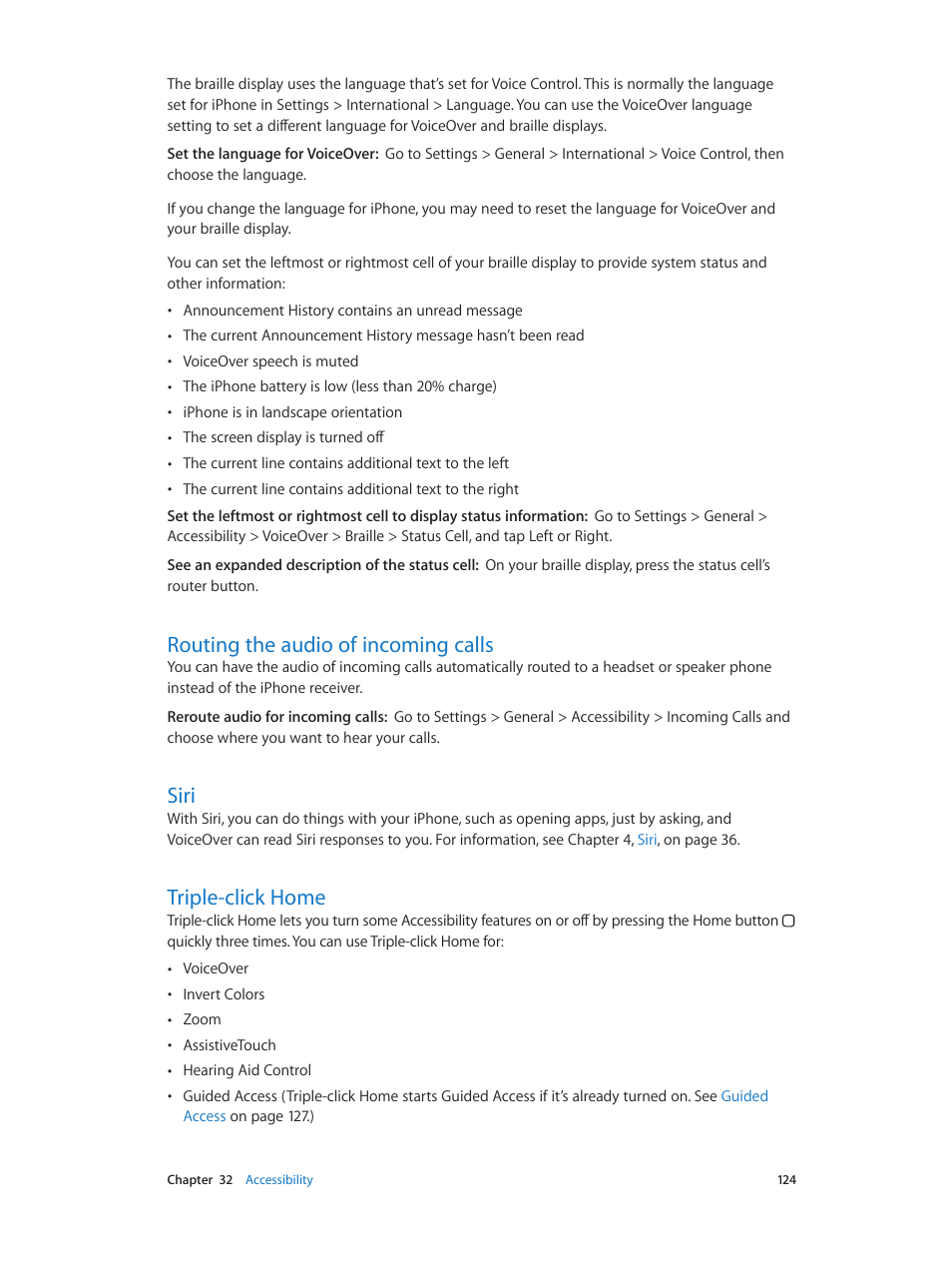 Routing the audio of incoming calls, Siri, Triple-click home | Apple iPhone (For iOS 6.1) User Manual | Page 124 / 156