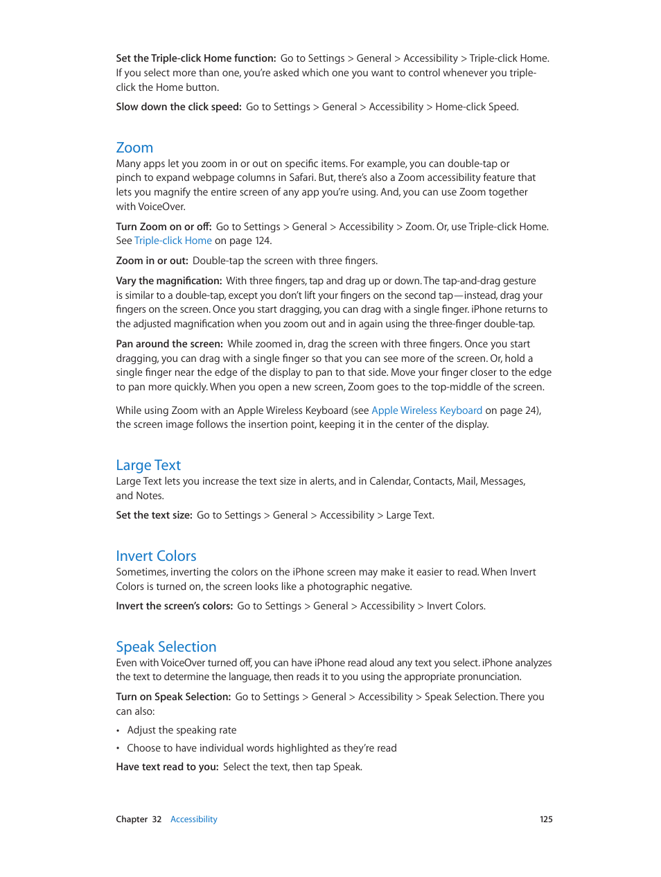 Zoom, Large text, Invert colors | Speak selection | Apple iPhone (For iOS 6.1) User Manual | Page 125 / 156