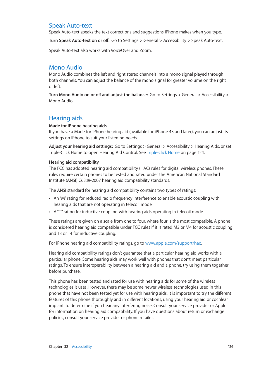 Speak auto-text, Mono audio, Hearing aids | Apple iPhone (For iOS 6.1) User Manual | Page 126 / 156