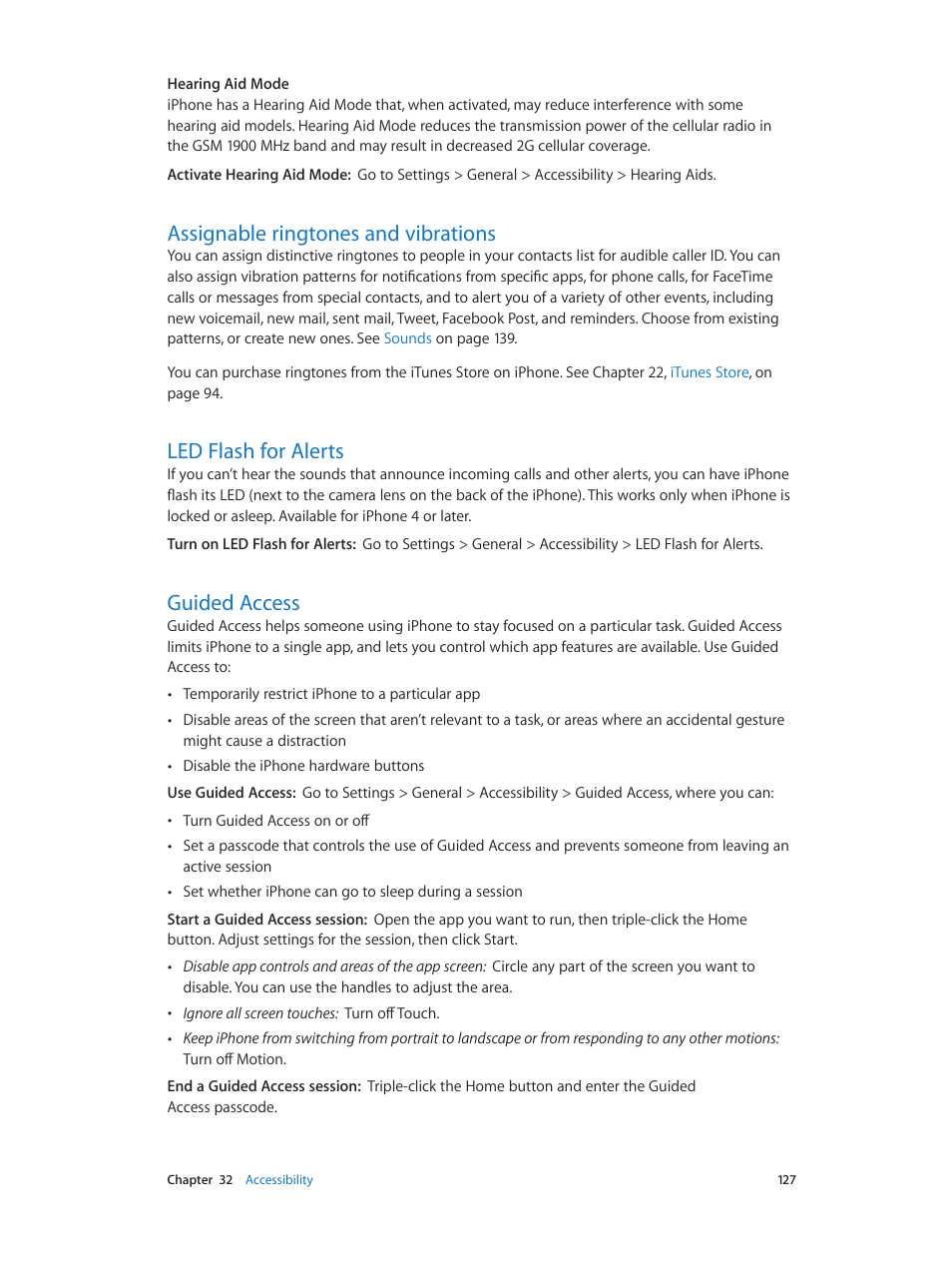 Assignable ringtones and vibrations, Led flash for alerts, Guided access | Guided, Access | Apple iPhone (For iOS 6.1) User Manual | Page 127 / 156