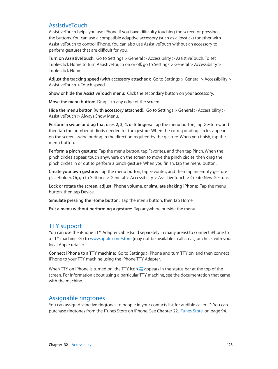 Assistivetouch, Tty support, Assignable ringtones | Support | Apple iPhone (For iOS 6.1) User Manual | Page 128 / 156