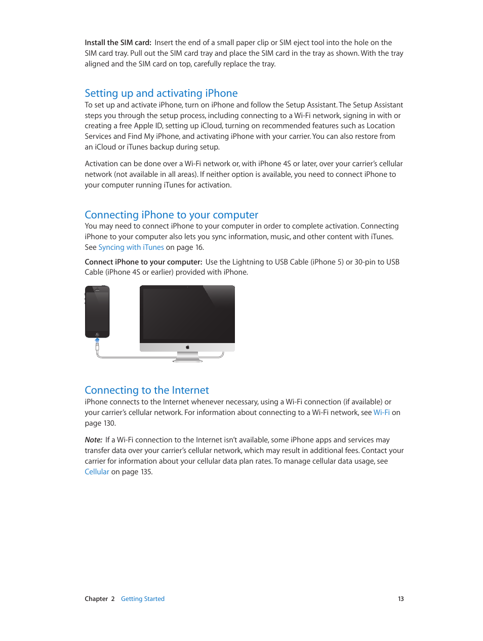 Setting up and activating iphone, Connecting iphone to your computer, Connecting to the internet | Apple iPhone (For iOS 6.1) User Manual | Page 13 / 156