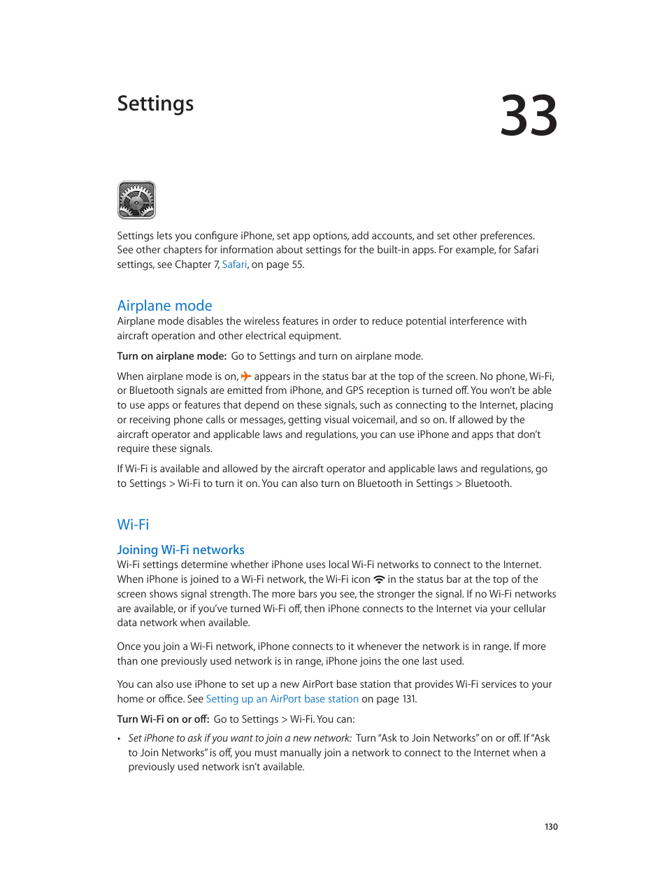 Chapter 33: settings, Airplane mode, Wi-fi | 130 airplane mode 130 wi-fi, Settings | Apple iPhone (For iOS 6.1) User Manual | Page 130 / 156