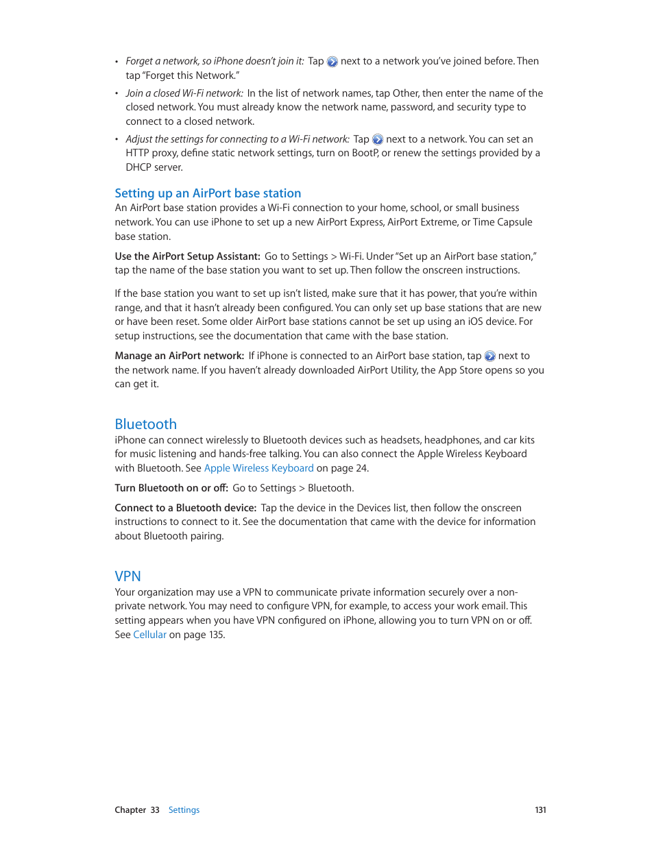 Bluetooth, 131 bluetooth 131 vpn, Setting up an airport base station | Apple iPhone (For iOS 6.1) User Manual | Page 131 / 156