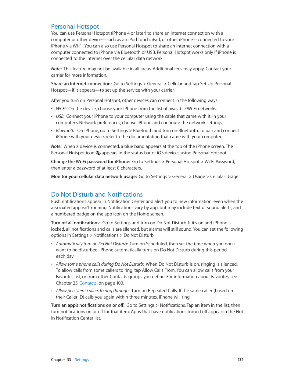 Personal hotspot, Do not disturb and notifications, Do not disturb and | Notifications, Do not, Disturb and notifications | Apple iPhone (For iOS 6.1) User Manual | Page 132 / 156