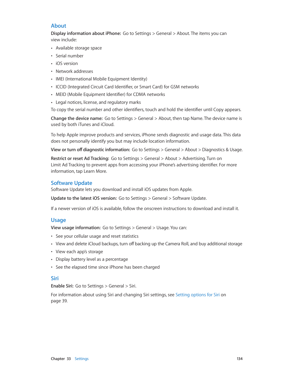 About, Software update, Usage | Siri | Apple iPhone (For iOS 6.1) User Manual | Page 134 / 156