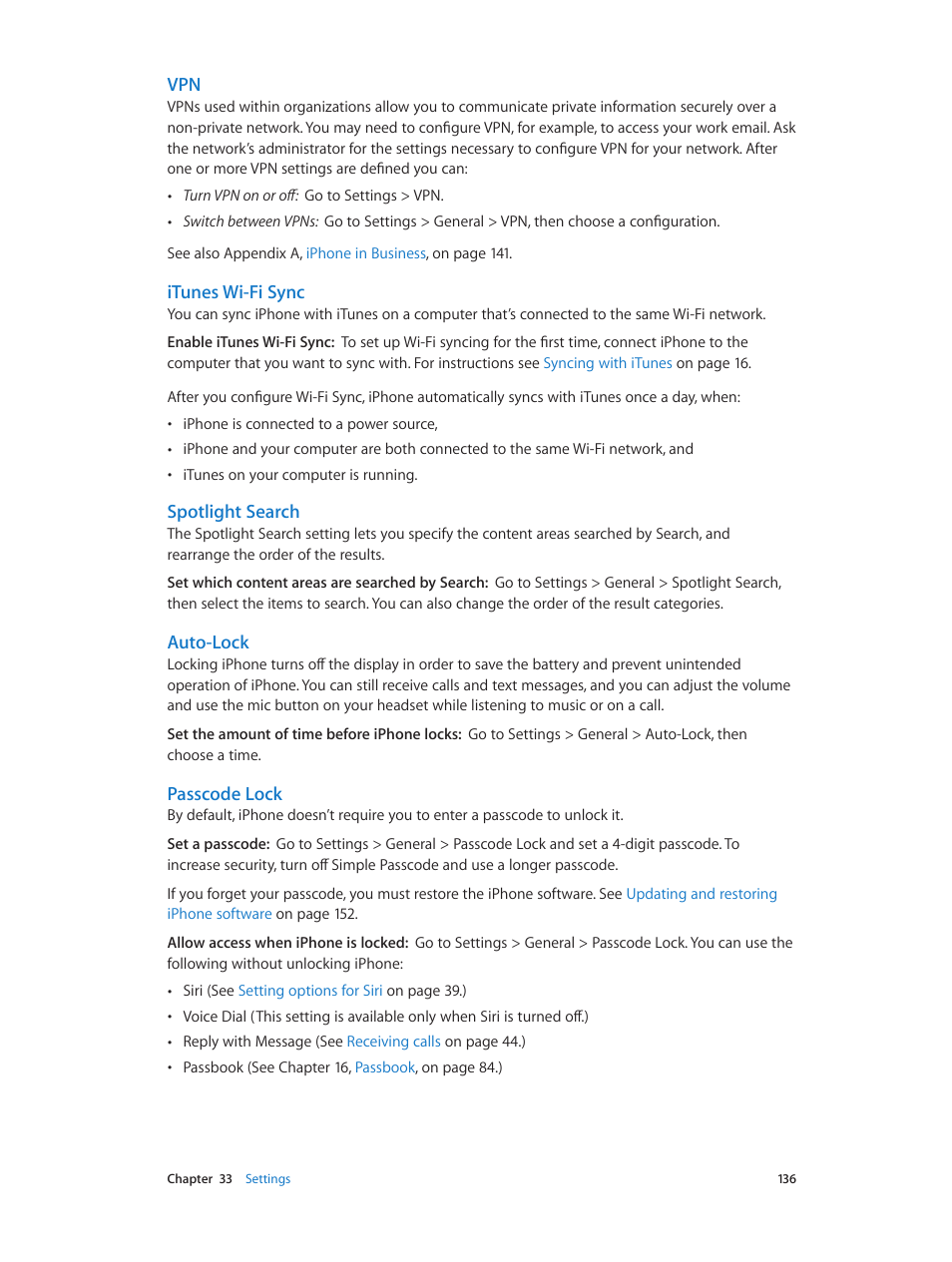 Auto-lock, Passcode lock, Itunes wi-fi sync | Spotlight search | Apple iPhone (For iOS 6.1) User Manual | Page 136 / 156