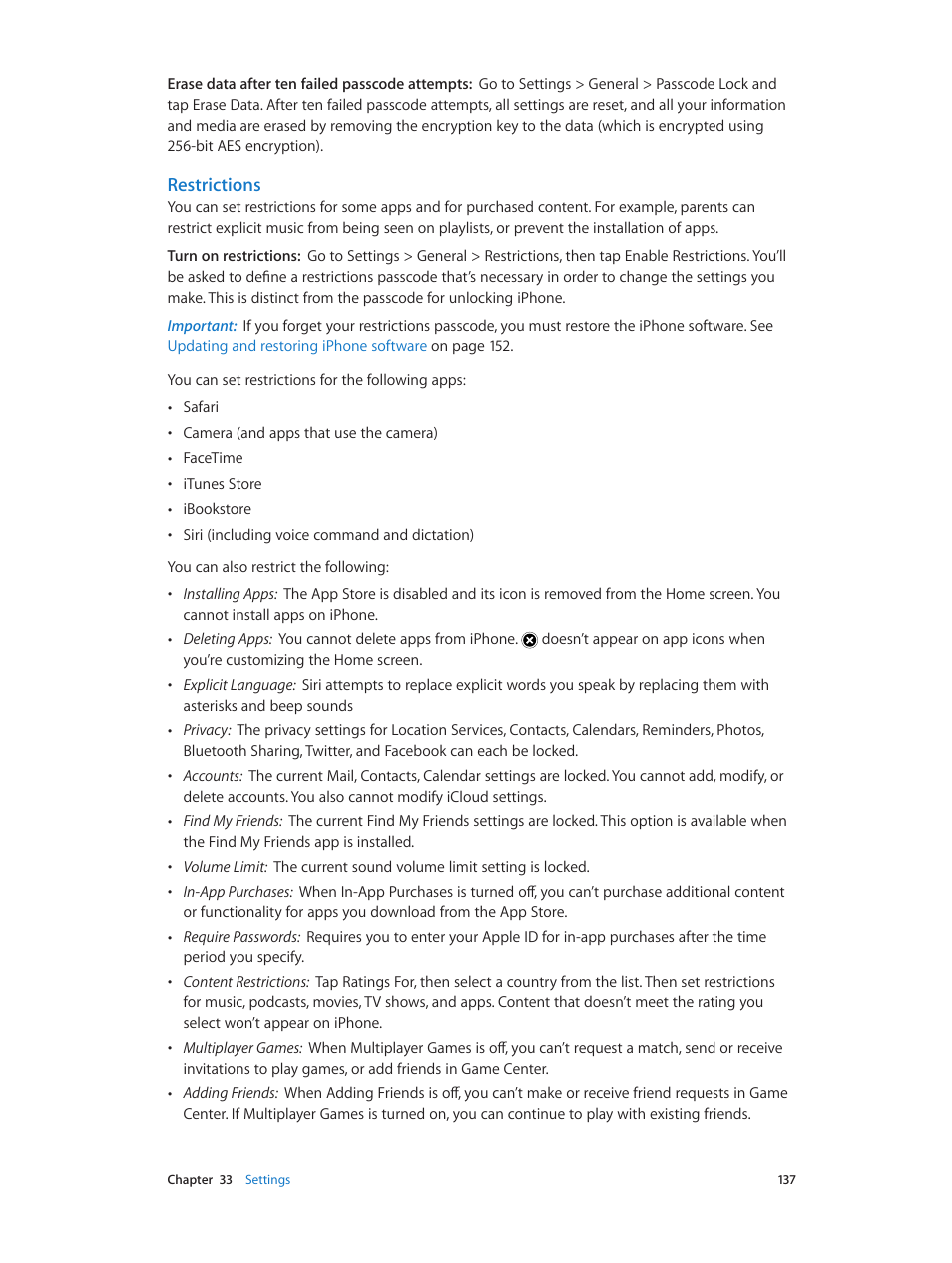 Restrictions | Apple iPhone (For iOS 6.1) User Manual | Page 137 / 156