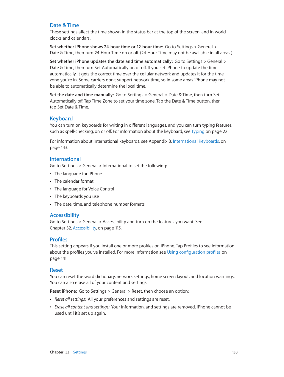 Date & time, Keyboard, International | Accessibility, Profiles, Reset | Apple iPhone (For iOS 6.1) User Manual | Page 138 / 156