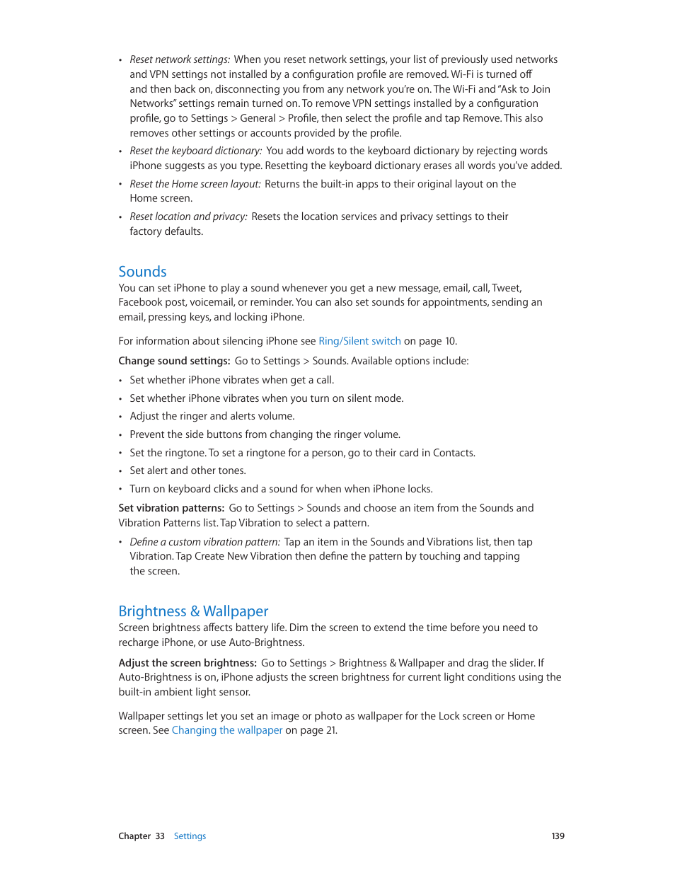 Sounds, Brightness & wallpaper, 139 sounds 139 brightness & wallpaper | Apple iPhone (For iOS 6.1) User Manual | Page 139 / 156