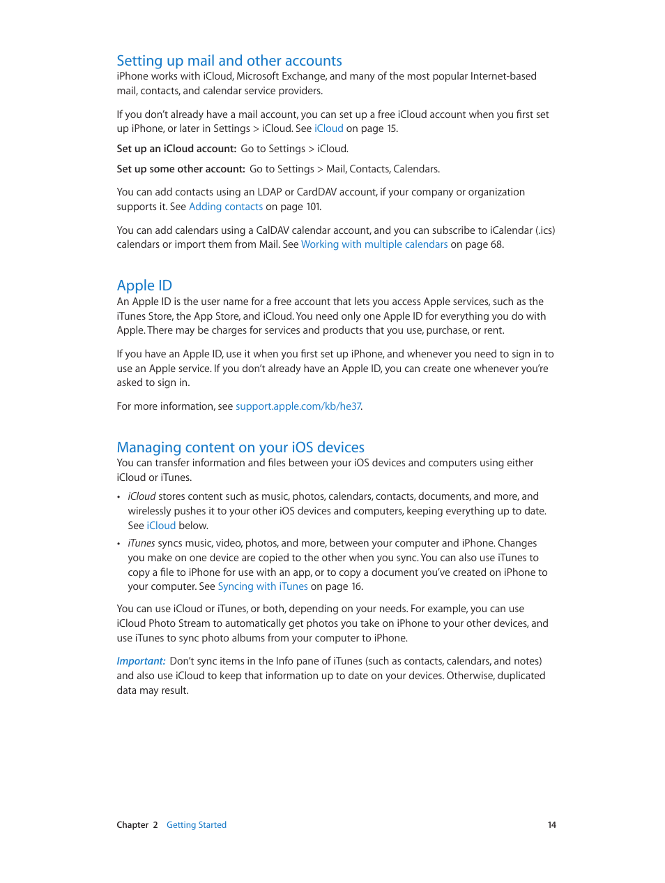 Setting up mail and other accounts, Apple id, Managing content on your ios devices | Apple iPhone (For iOS 6.1) User Manual | Page 14 / 156