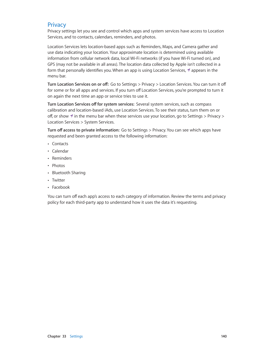 Privacy, 140 privacy | Apple iPhone (For iOS 6.1) User Manual | Page 140 / 156