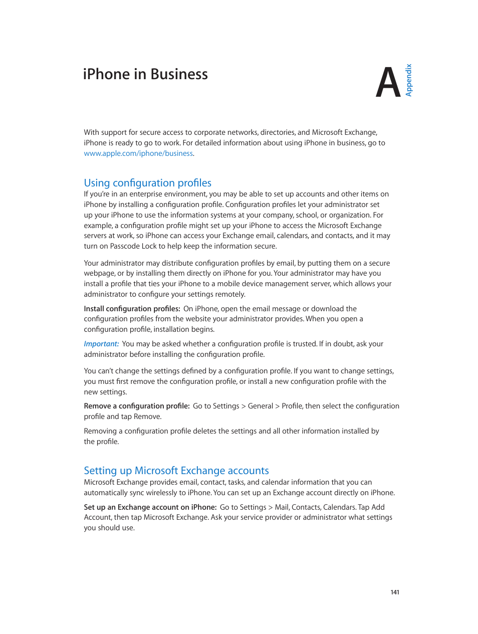 Appendix a: iphone in business, Using configuration profiles, Setting up microsoft exchange accounts | Iphone in business | Apple iPhone (For iOS 6.1) User Manual | Page 141 / 156