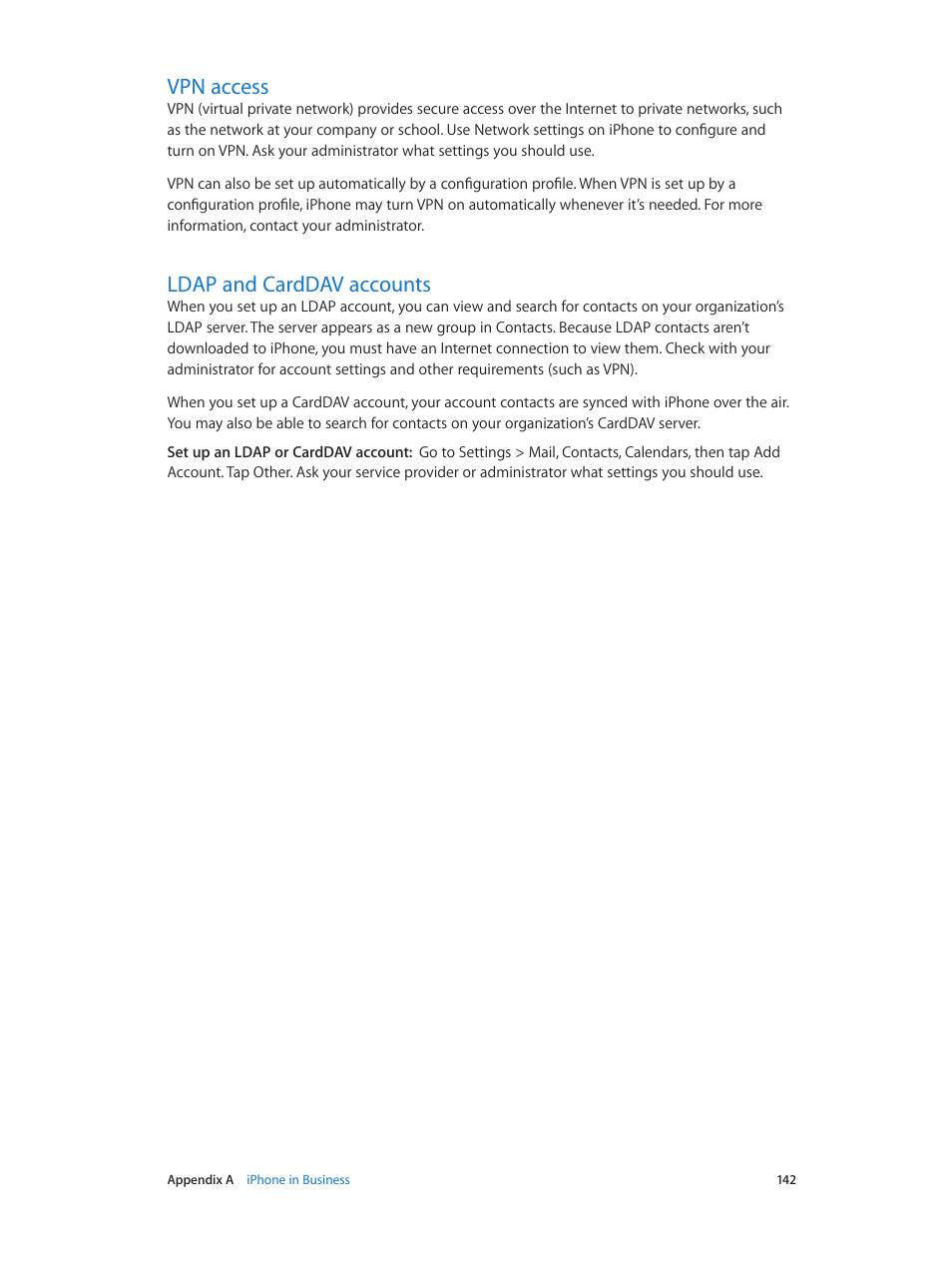 Vpn access, Ldap and carddav accounts, 142 vpn access 142 ldap and carddav accounts | Apple iPhone (For iOS 6.1) User Manual | Page 142 / 156