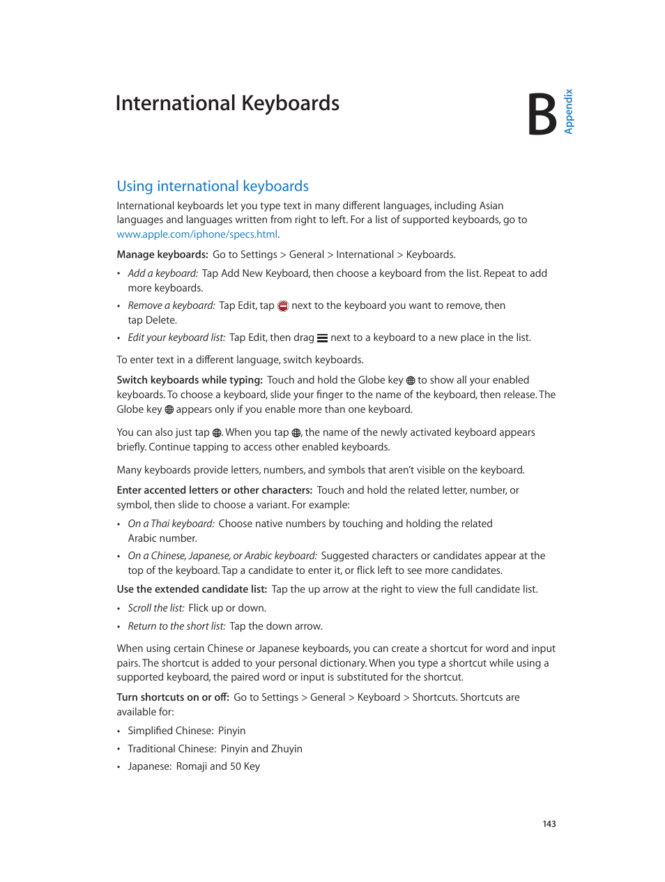 Appendix b: international keyboards, International keyboards, Using international keyboards | Apple iPhone (For iOS 6.1) User Manual | Page 143 / 156