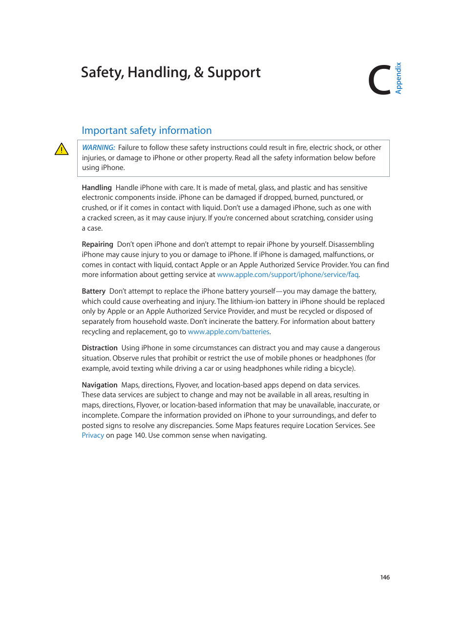 Appendix c: safety, handling, & support, Important safety information, 146 important safety information | Important safety, Information, 146 b, Safety, handling, & support | Apple iPhone (For iOS 6.1) User Manual | Page 146 / 156