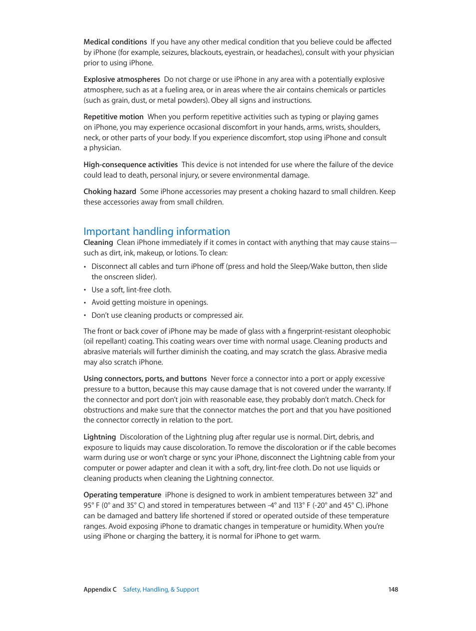 Important handling information, 148 important handling information | Apple iPhone (For iOS 6.1) User Manual | Page 148 / 156