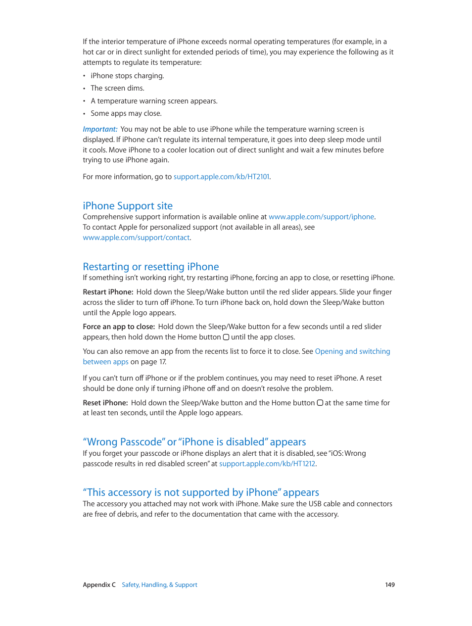Iphone support site, Restarting or resetting iphone, Wrong passcode” or “iphone is disabled” appears | This accessory is not supported by iphone” appears | Apple iPhone (For iOS 6.1) User Manual | Page 149 / 156