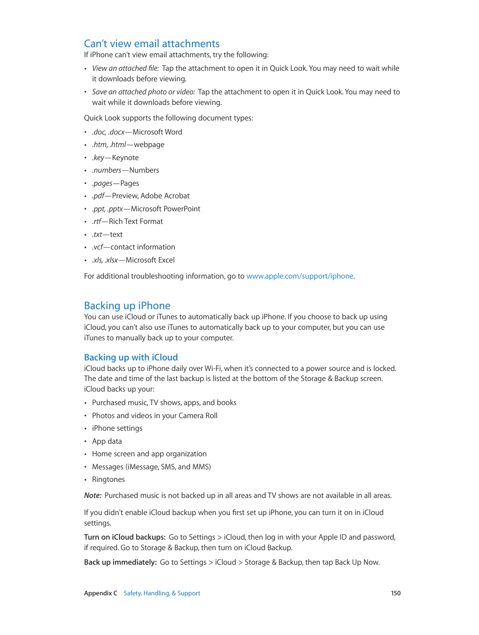 Can’t view email attachments, Backing up iphone, Backing up with icloud | Apple iPhone (For iOS 6.1) User Manual | Page 150 / 156