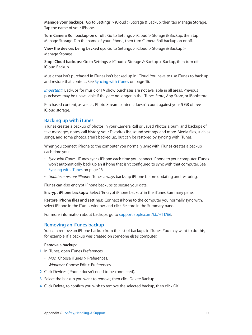 Backing up with itunes, Removing an itunes backup | Apple iPhone (For iOS 6.1) User Manual | Page 151 / 156