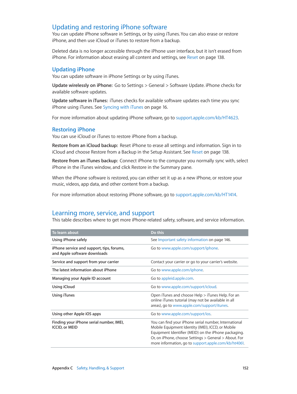 Updating and restoring iphone software, Learning more, service, and support, Updating and restoring | Iphone software, Updating iphone, Restoring iphone | Apple iPhone (For iOS 6.1) User Manual | Page 152 / 156