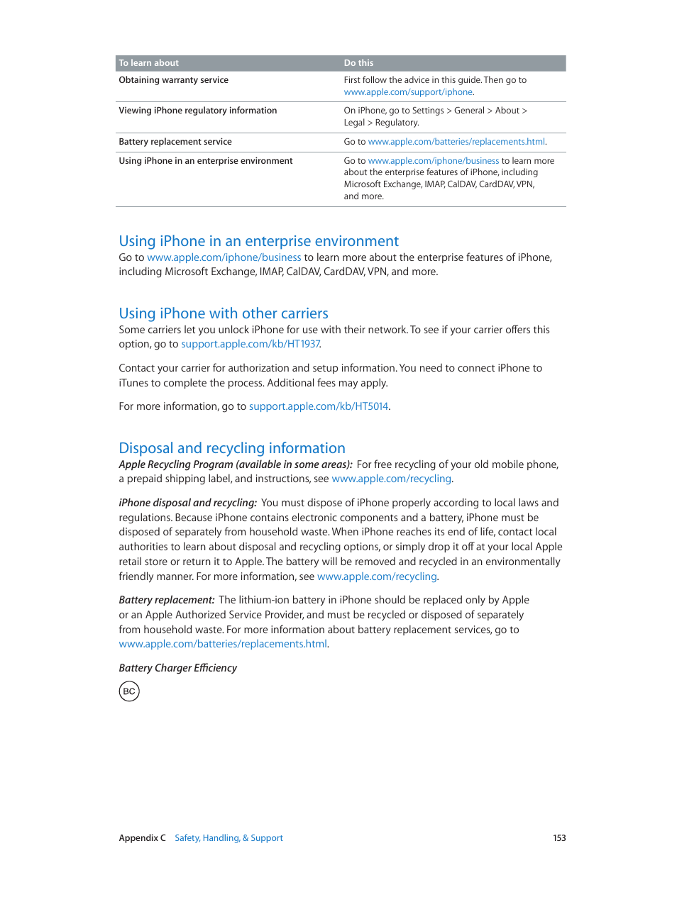 Using iphone in an enterprise environment, Using iphone with other carriers, Disposal and recycling information | Apple iPhone (For iOS 6.1) User Manual | Page 153 / 156