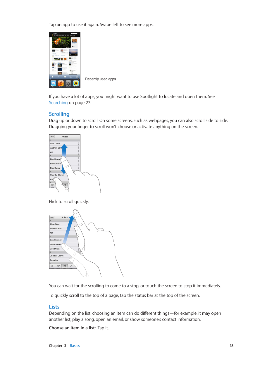 Scrolling, Lists | Apple iPhone (For iOS 6.1) User Manual | Page 18 / 156