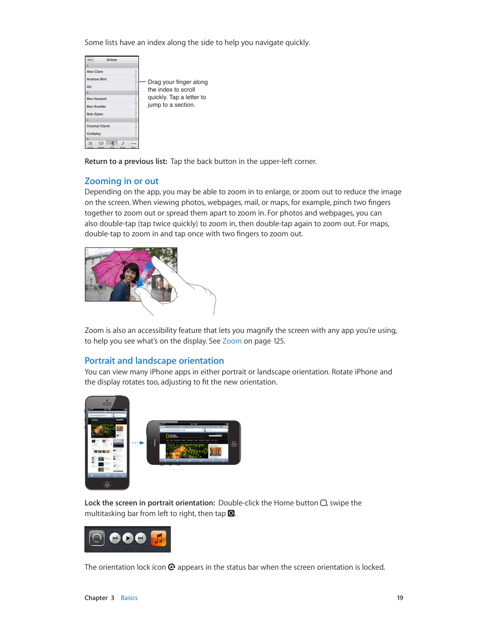 Portrait and landscape orientation, Zooming in or out | Apple iPhone (For iOS 6.1) User Manual | Page 19 / 156