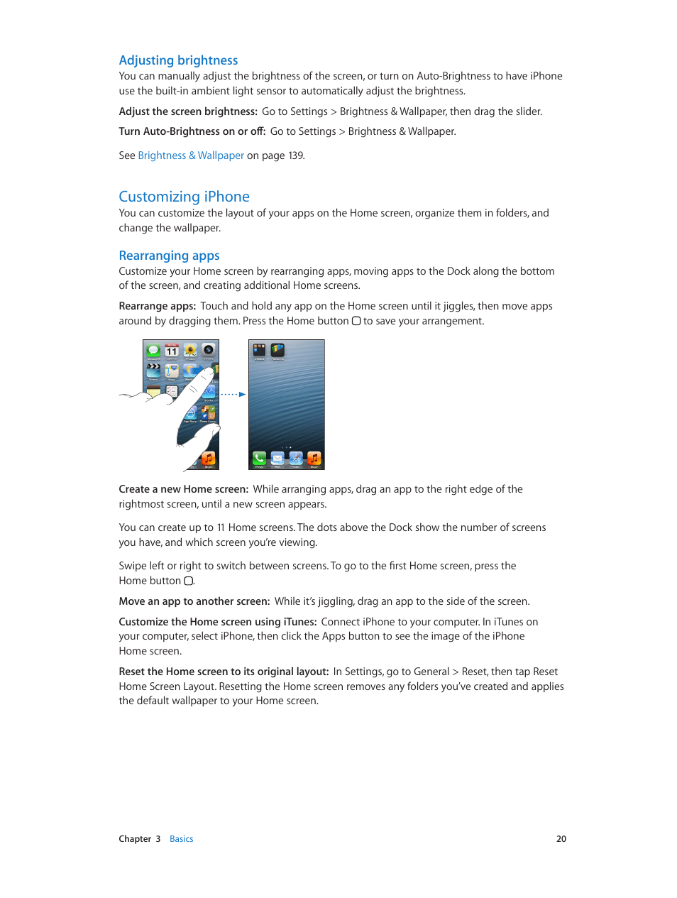 Customizing iphone, 20 customizing iphone, Adjusting brightness | Rearranging apps | Apple iPhone (For iOS 6.1) User Manual | Page 20 / 156