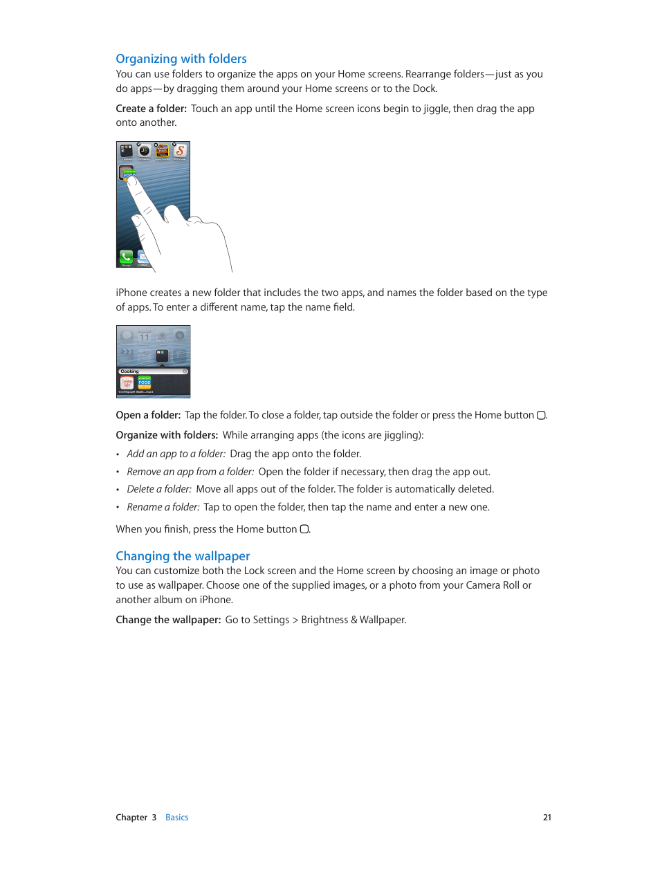 Organizing with folders, Changing the wallpaper | Apple iPhone (For iOS 6.1) User Manual | Page 21 / 156