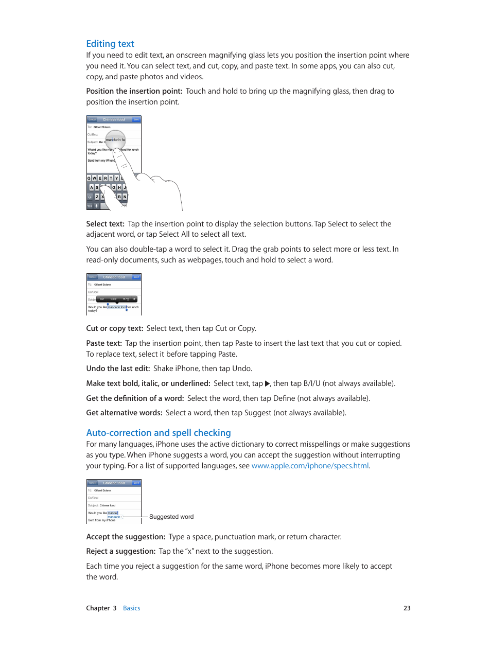 Editing text, Auto-correction and spell checking | Apple iPhone (For iOS 6.1) User Manual | Page 23 / 156